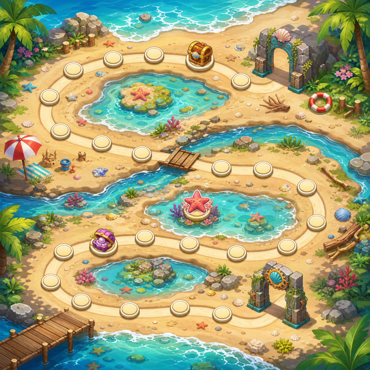 Concept map Beach Tide Rescue với đường level ven biển, hồ thủy triều, rương, gate và node cứu sao biển.