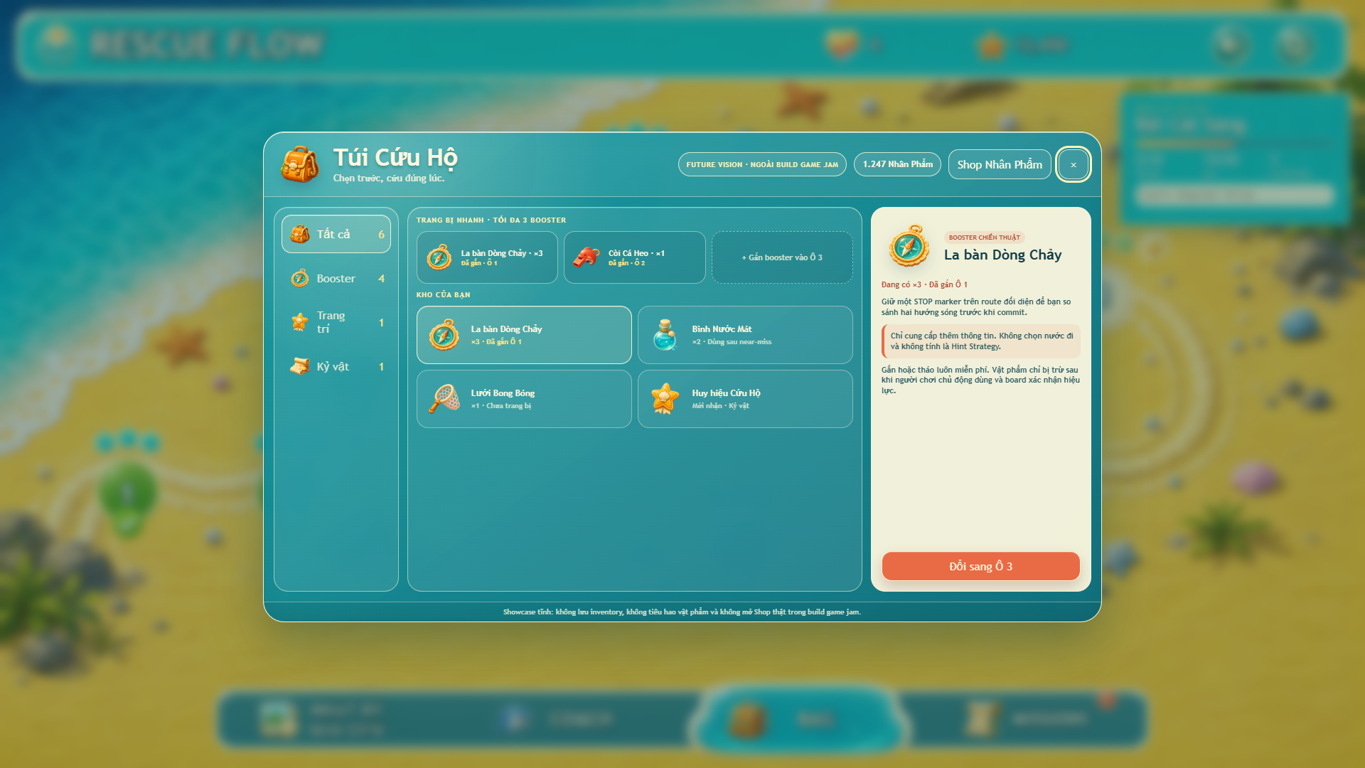 Popup Túi Cứu Hộ trên menu Shell Tide, gồm category, trang bị nhanh, kho vật phẩm và item detail.